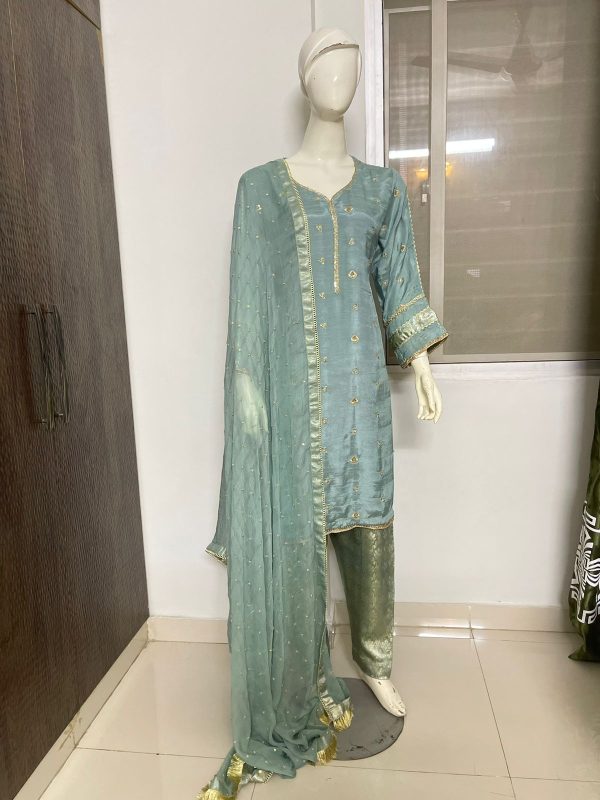 Stitched 3-Piece Embroidered Raw Silk Suit