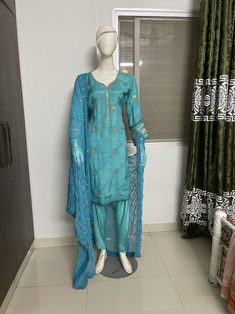 Stitched 3-Piece Aqua Blue Embroidered Raw Silk Suit