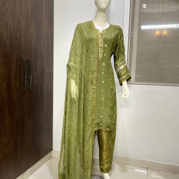 Stitched Embroidered Raw Silk 3-Piece Suit