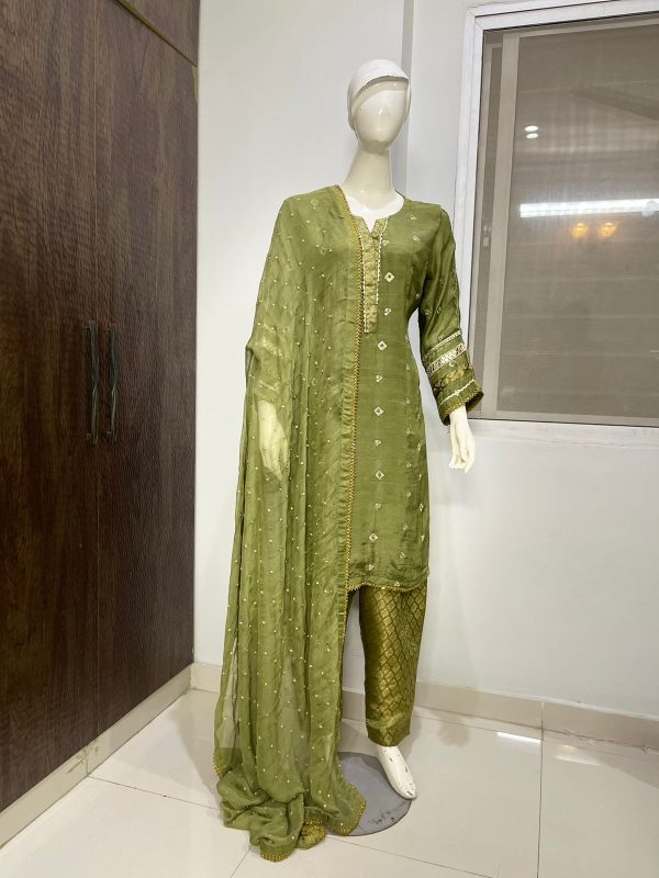 Stitched Embroidered Raw Silk 3-Piece Suit