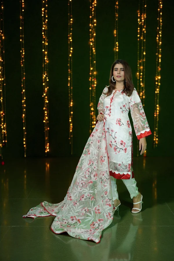 Stitched White & Red Organza Digital Printed Dress – Elegant Festive Edition