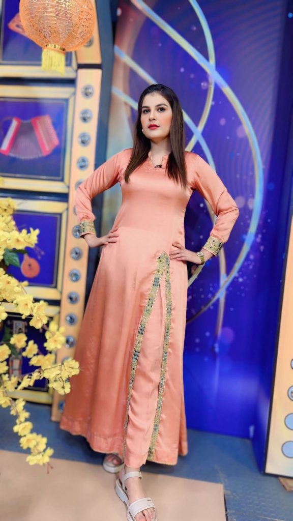 Raw Silk Stitched Long Dress – Peach Elegance, Embellished
