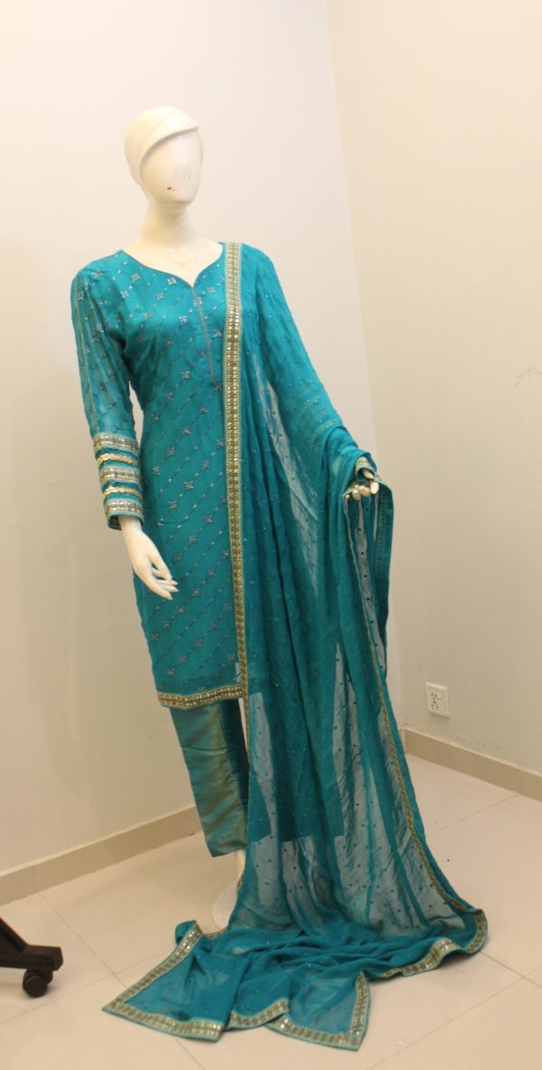 3-Piece Stitched Teal Blue Chiffon Embroidered Suit