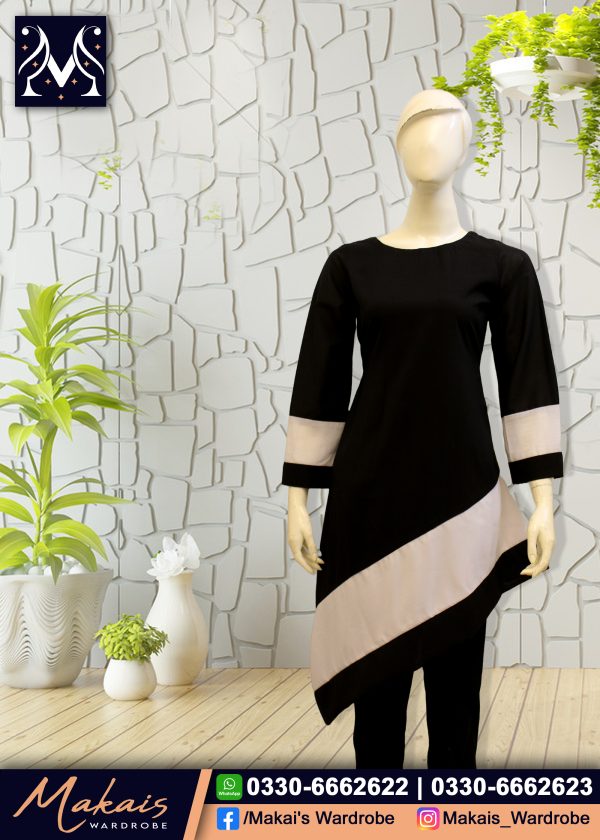 Stitched Black-Diagonal Cut Designer Kurti