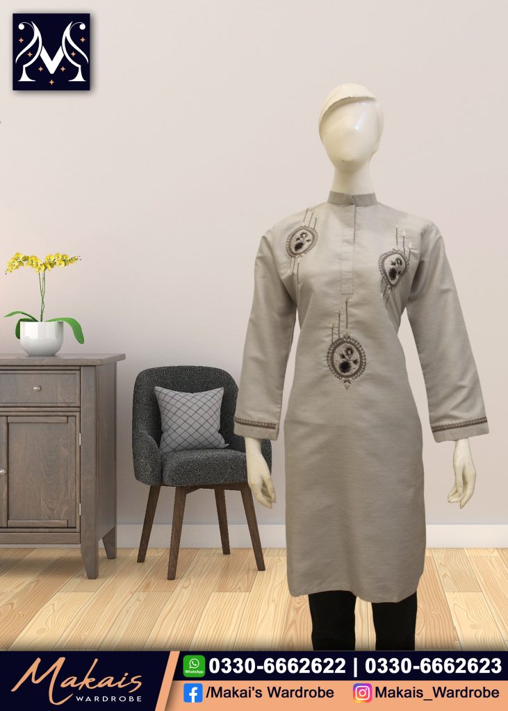 Stitched Silver Grey Embroidered Raw Silk Kurti