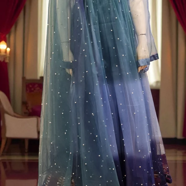 Stitched Shimmering Blue – Double Shaded Pearl Net Maxi Set