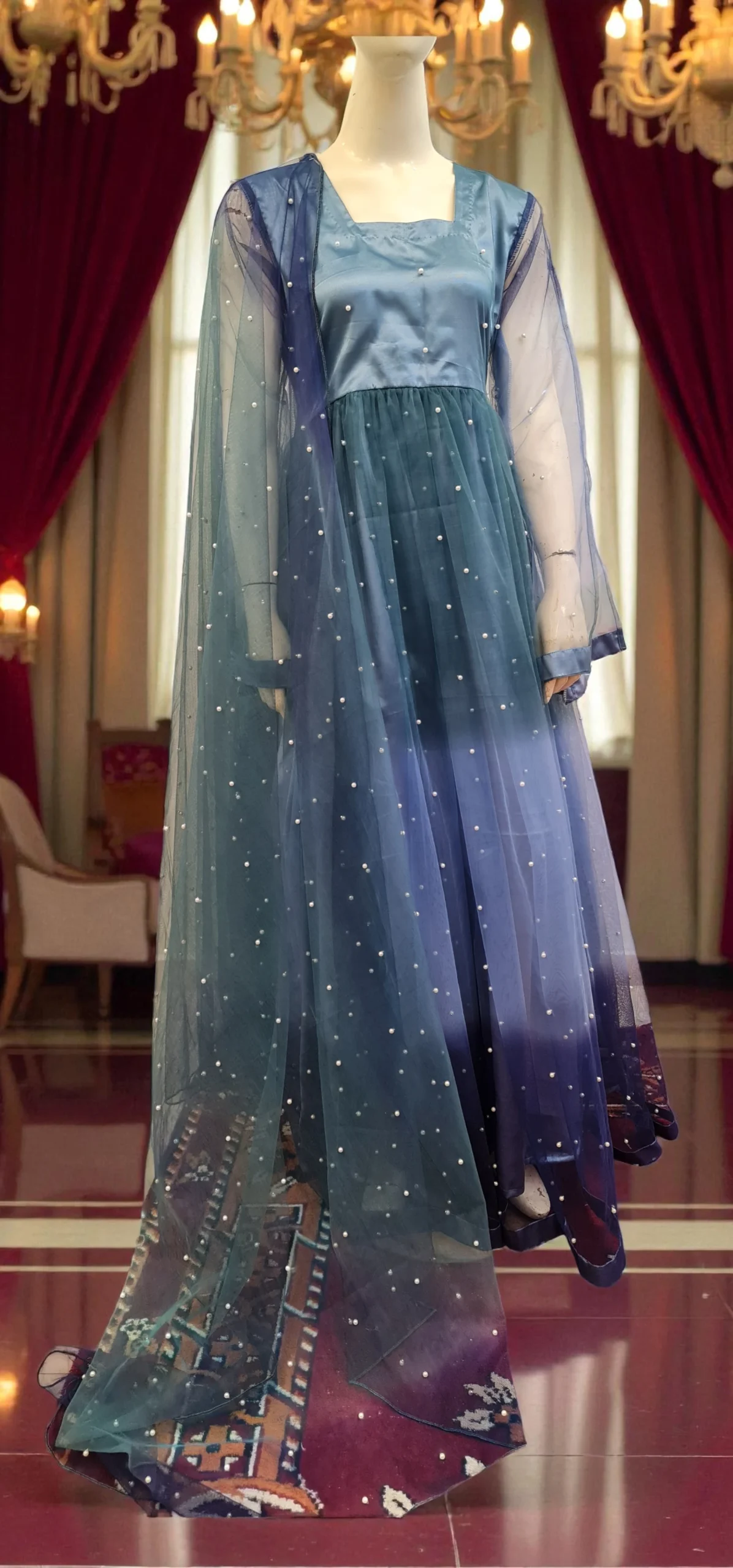 Stitched Shimmering Blue – Double Shaded Pearl Net Maxi Set