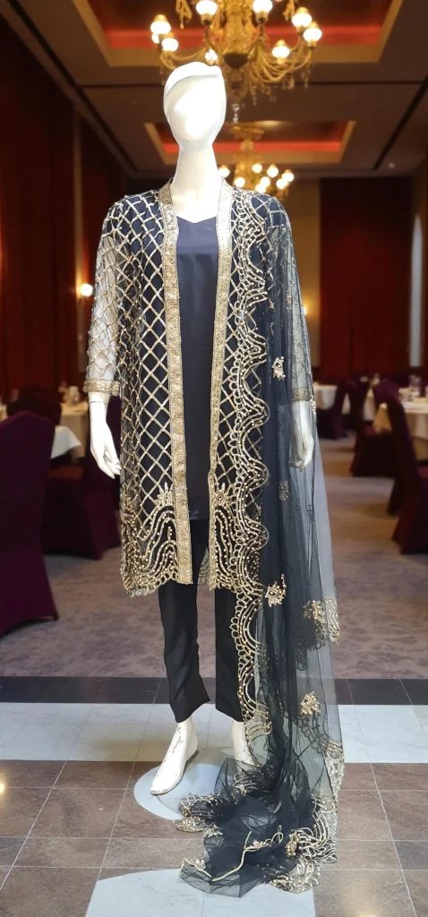 Stitched Golden Grace – Heavy Pearl Net 4-Piece Gown Suit