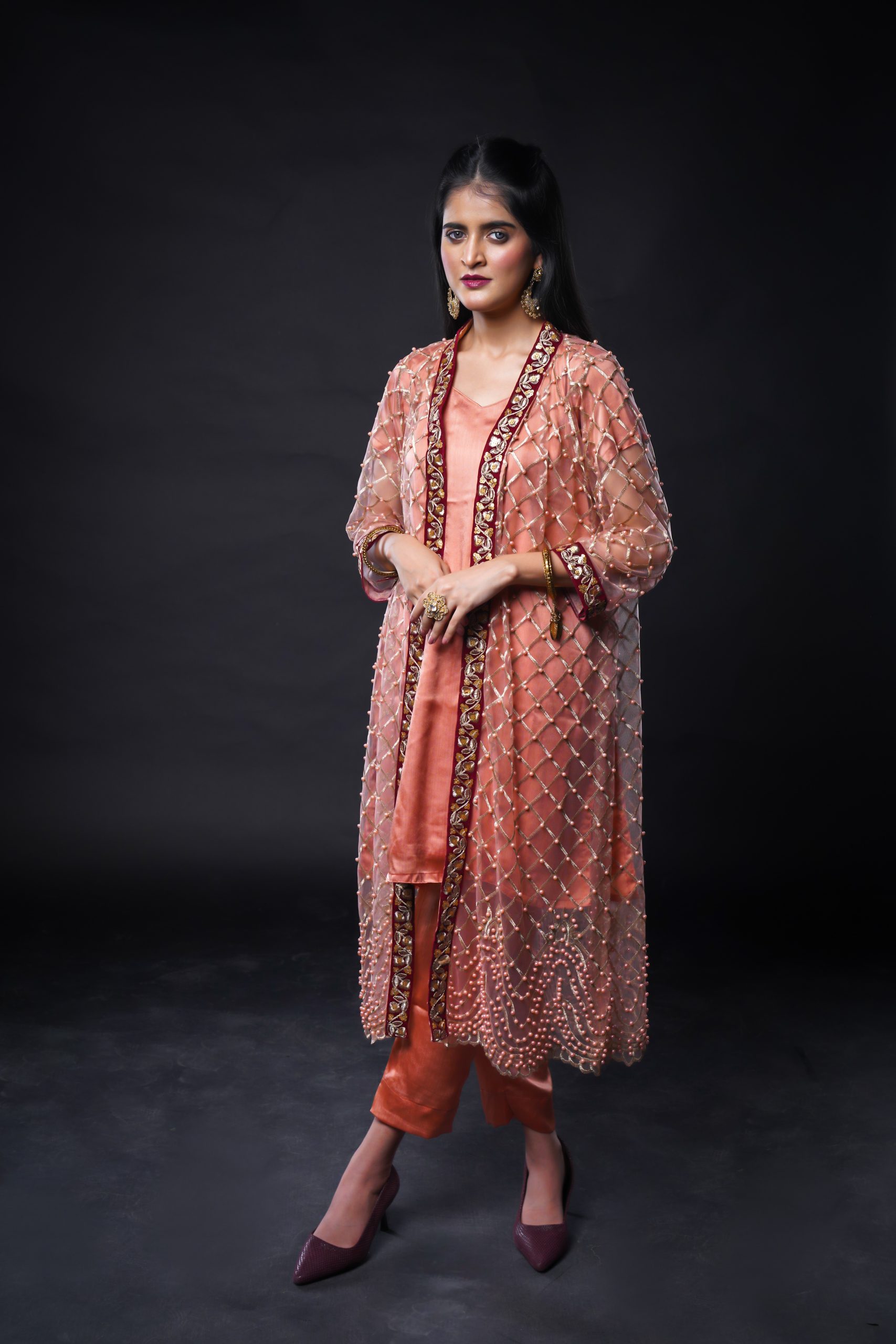 Stitched Peach Elegance – Heavy Pearl Net 4-Piece Gown Suit
