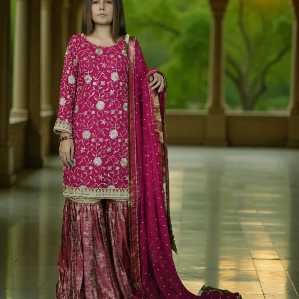 Stitched Shocking Pink – Chiffon & Banarsi 3-Piece Ensemble