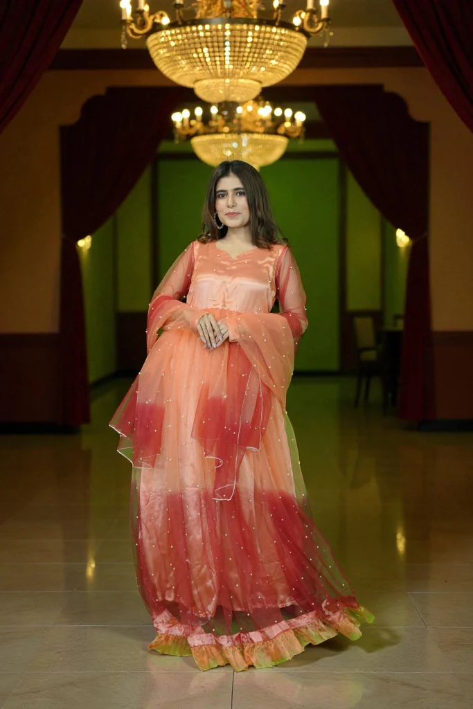 Stitched Amber Glow – Double Shaded Pearl Net Maxi Set