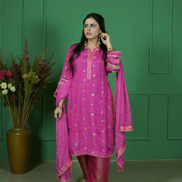 3-Piece Stitched Fuchsia Bloom – Embroidered Raw Silk Suit with Jamawar Trouser