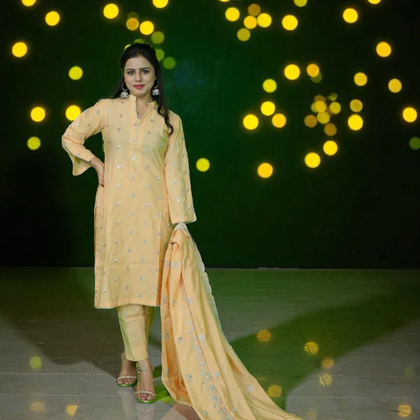 Stitched Peach Glow – Silver Embroidered Cotton 3-Piece Suit