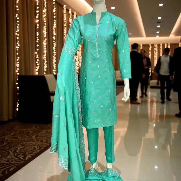 Stitched Teal Cotton Embroidered 3-Piece Suit with Silver Detailing