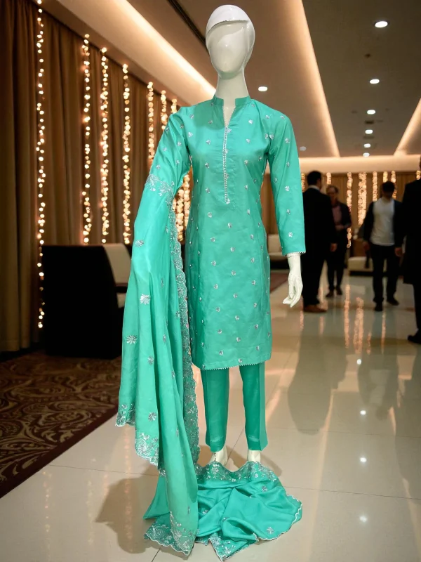 Stitched Teal Cotton Embroidered 3-Piece Suit with Silver Detailing