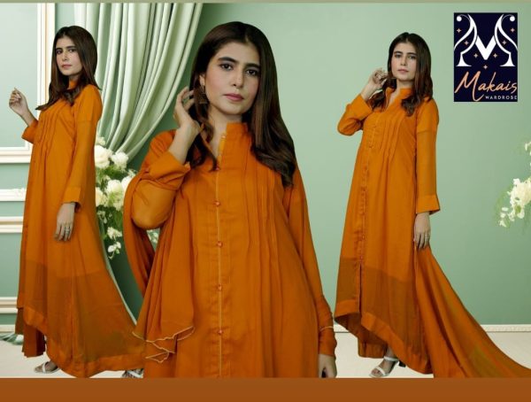 Stitched Sunset Elegance – Three Piece Tail Style Chiffon Dress