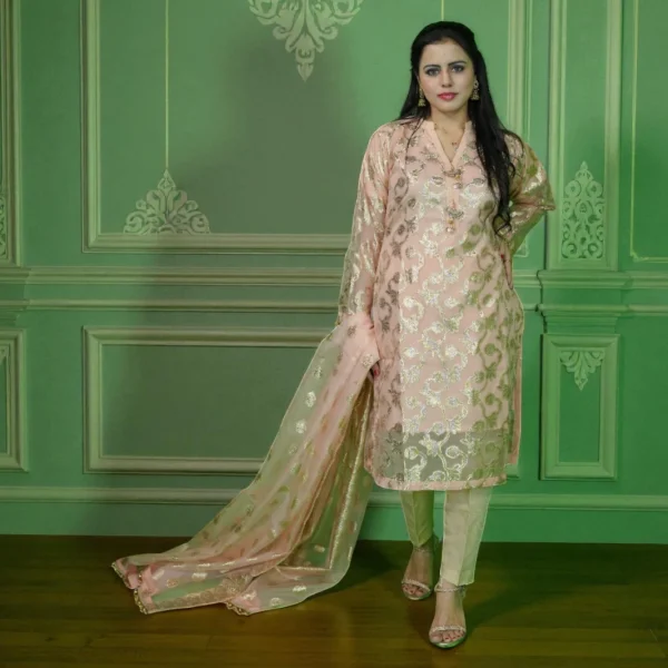 Stitched Banarsi Organza Suit-Tea Pink