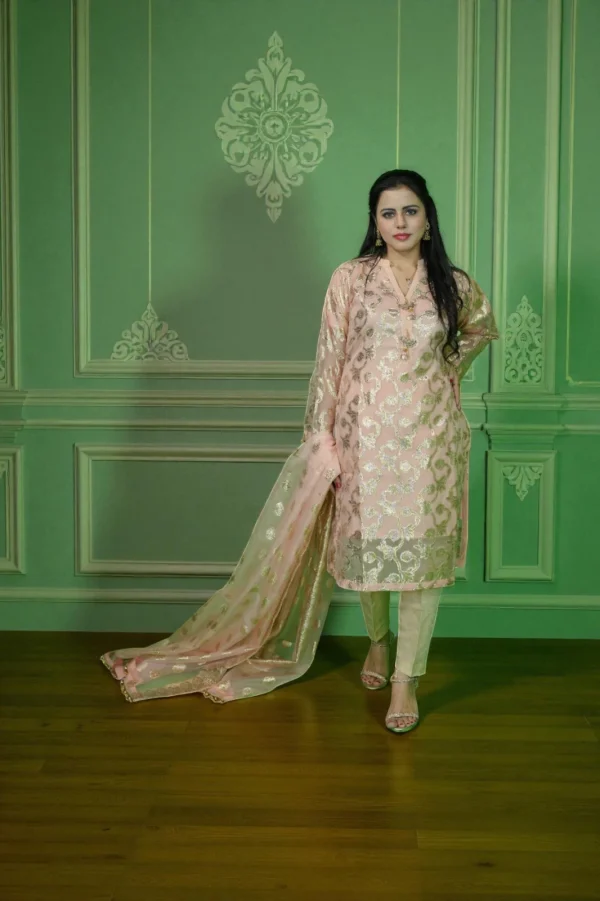 Stitched Banarsi Organza Suit-Tea Pink