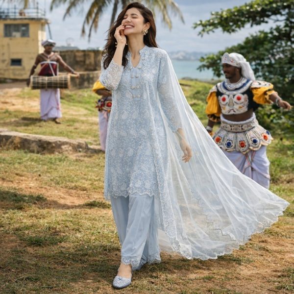 Stitched Elegant Grey Embroidered Net 3-Piece Suit | Festive & Wedding Wear