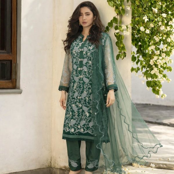 Stitched Green Embroidered Net 3-Piece Suit | Festive & Wedding Wear