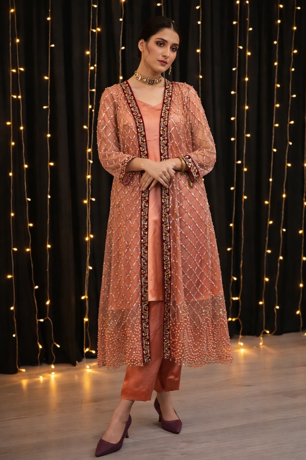 Stitched Peach Elegance – Heavy Pearl Net 4-Piece Gown Suit - Image 2
