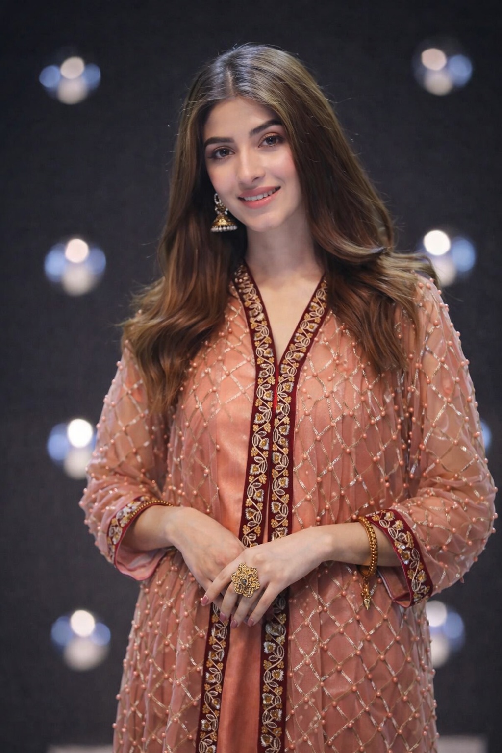 Stitched Peach Elegance – Heavy Pearl Net 4-Piece Gown Suit - Image 3