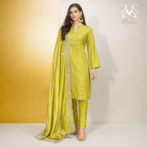 Stitched Lime Green Cotton Embroidered 3-Piece Suit with Silver Detailing