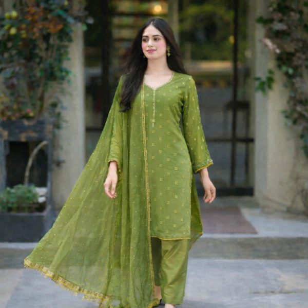 Stitched Olive Green – Embroidered Chiffon 3-Piece Suit