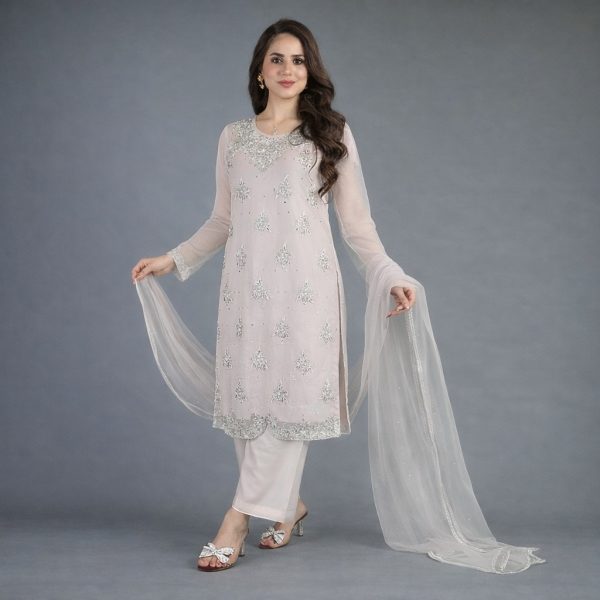 Stitched Light Lavender Embroidered Net 3-Piece Suit