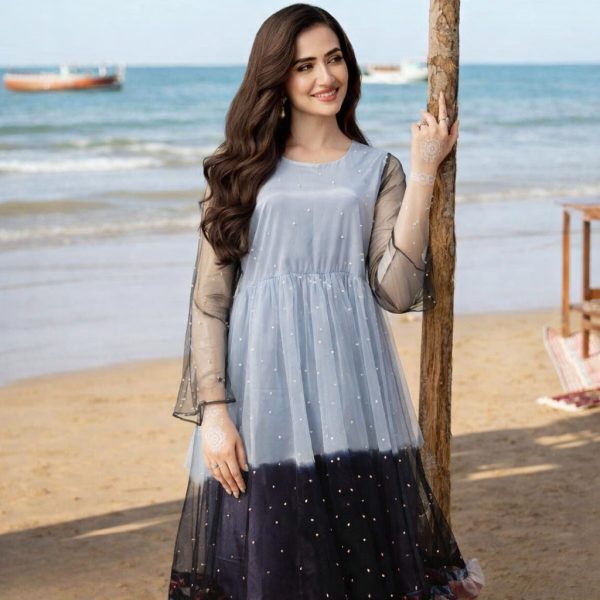 Stitched Grey and Black – Double Shaded Pearl Net Maxi Set