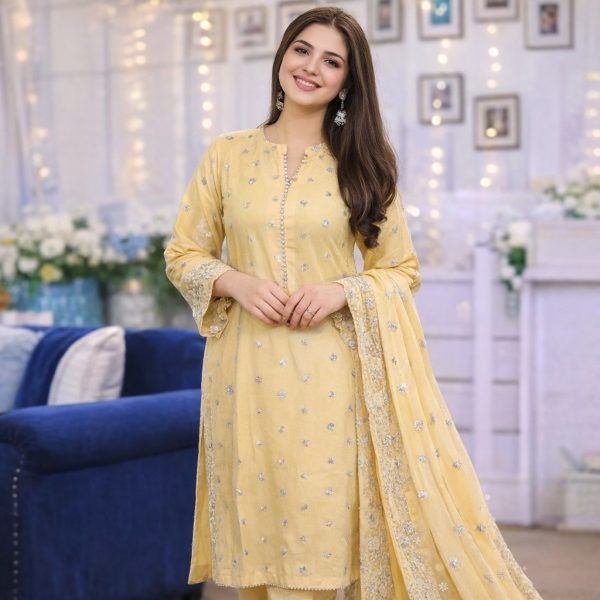 Stitched Peach Glow – Silver Embroidered Cotton 3-Piece Suit