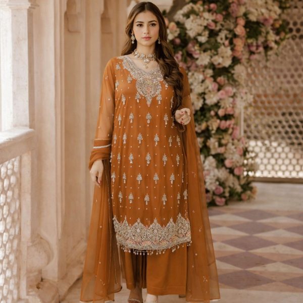 Stitched Brown Luxe – Heavy Stone Work Net 3-Piece Suit