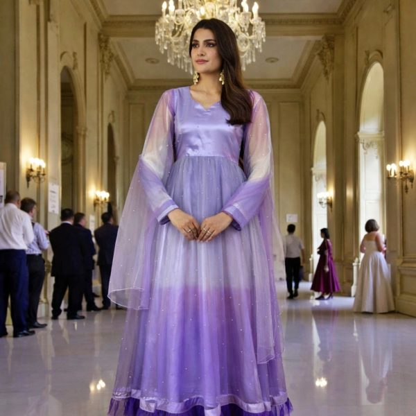 Stitched Purple Gradient – Double Shaded Pearl Net Maxi Set