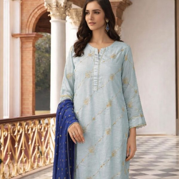Stitched 3-Piece Embroidered Raw Silk Suit