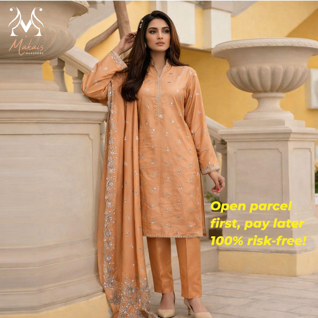 Stitched Rust Cotton Embroidered 3-Piece Suit with Silver Detailing