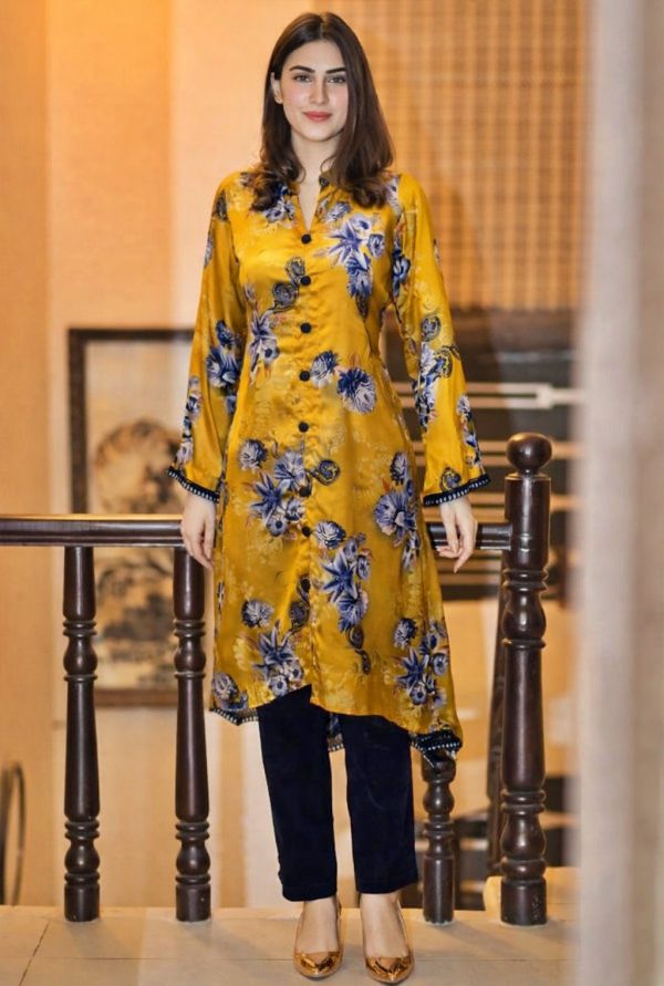 Stitched Golden Muse – Mustard Printed Silk Kurti