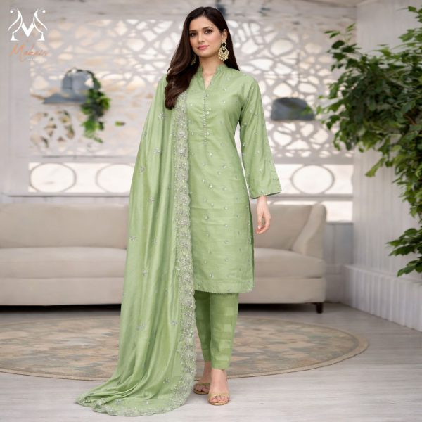 Stitched Light Green Cotton Embroidered 3-Piece Suit with Silver Detailing