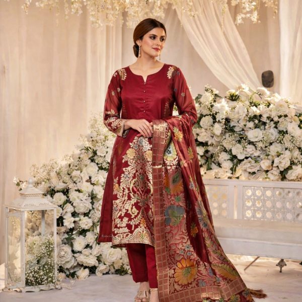 Stitched Mehroon Majesty – Jacquard Banarsi 3-Piece Suit