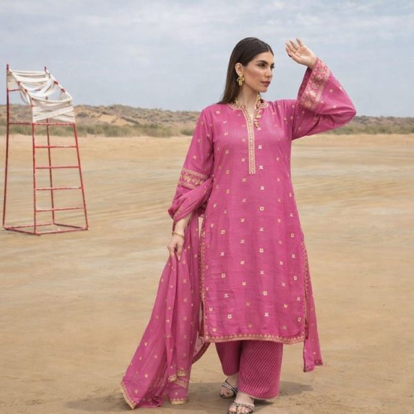 3-Piece Stitched Fuchsia Bloom – Embroidered Raw Silk Suit with Jamawar Trouser