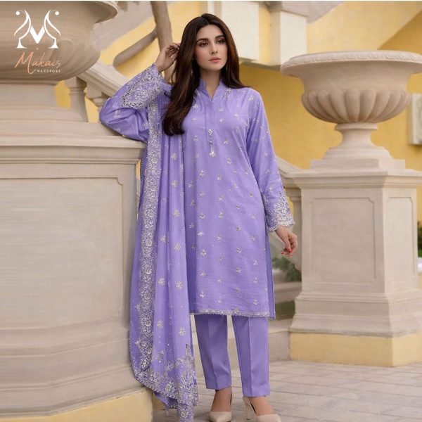 Stitched Light Purple Cotton Embroidered 3-Piece Suit with Silver Detailing