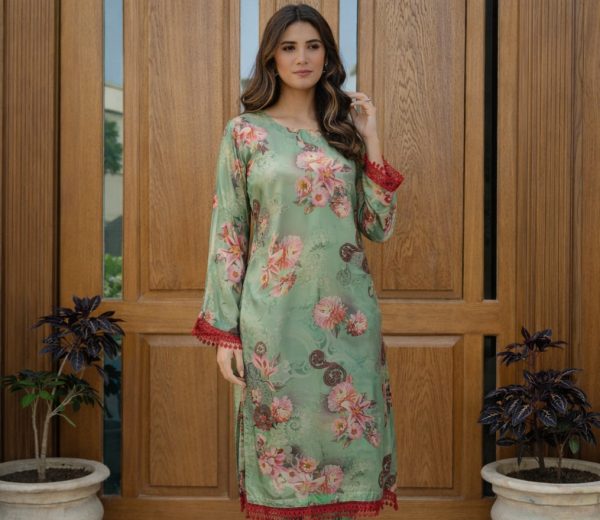 Stitched Emerald Bloom – Floral Printed Silk Kurti