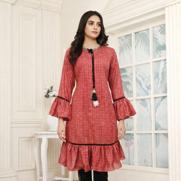 Stitched Red Georgette Frill Kurti with Inner & Lace Detailing