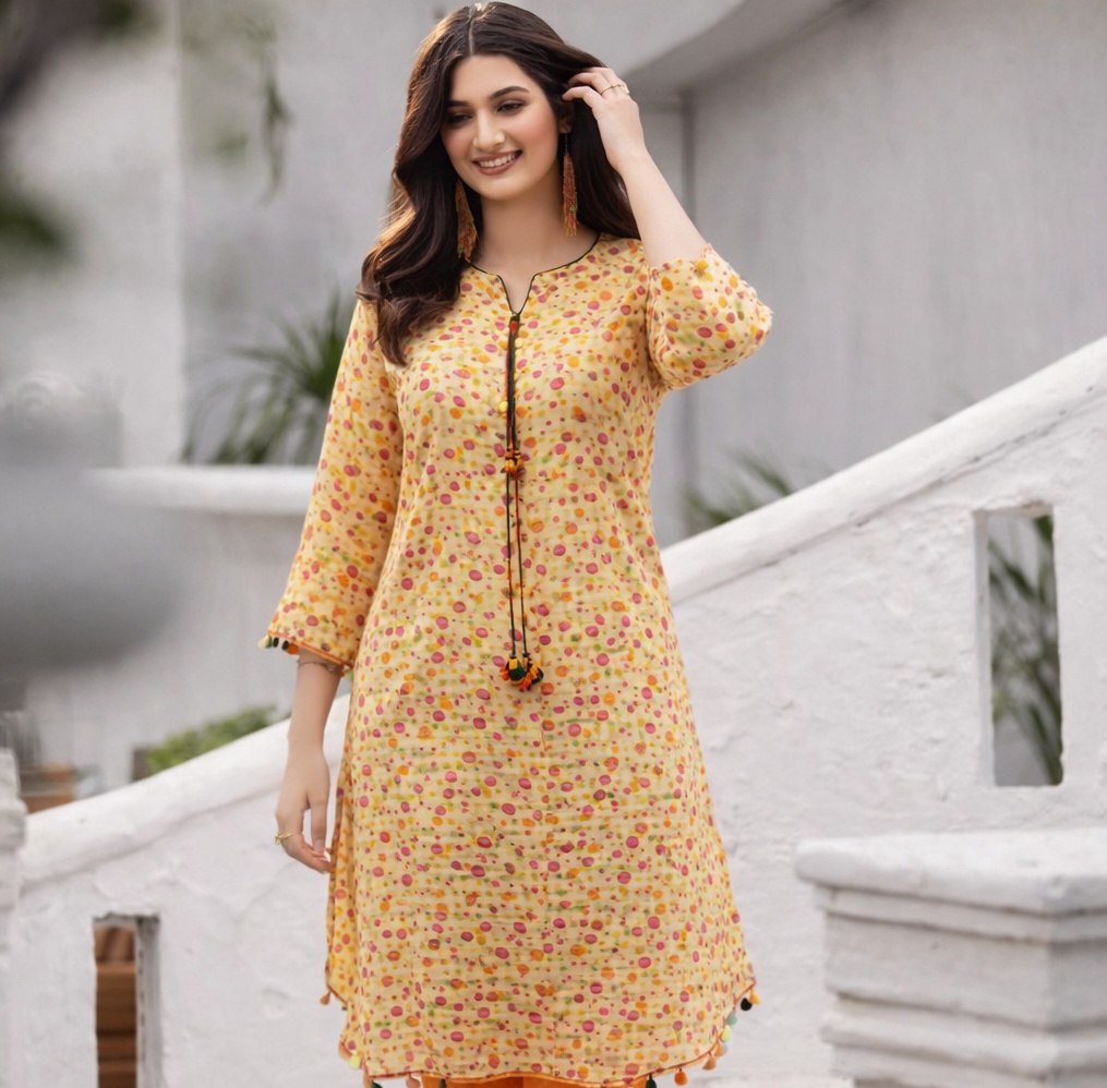 Stitched Sunburst Charm – Yellow Polka Printed Short Frock