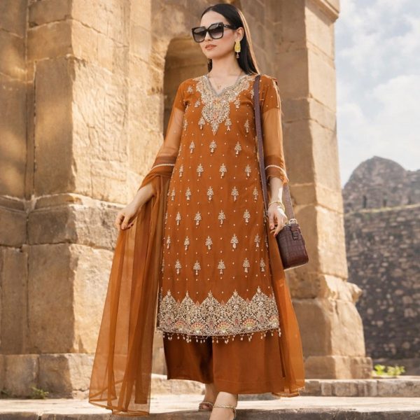 Brown Net 3 Piece Suit – Luxury Heavy Stone Work Pakistani Party Wear Dress