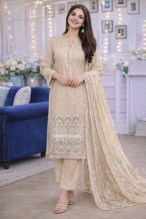 Premium Unstitched Lawn 3PC – Sepia Color
