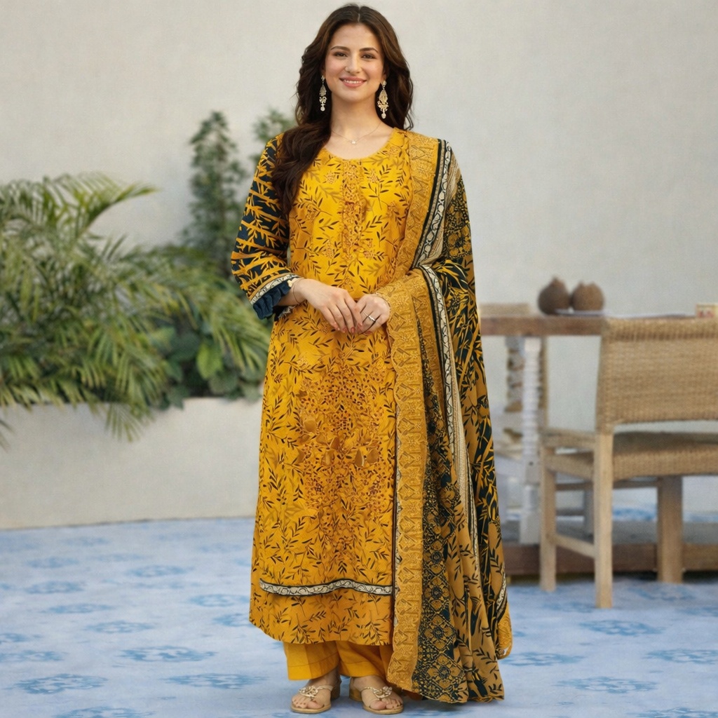 Mustard Yellow with Black & Beige Contrast 3-Piece Printed Lawn Suit - Image 2