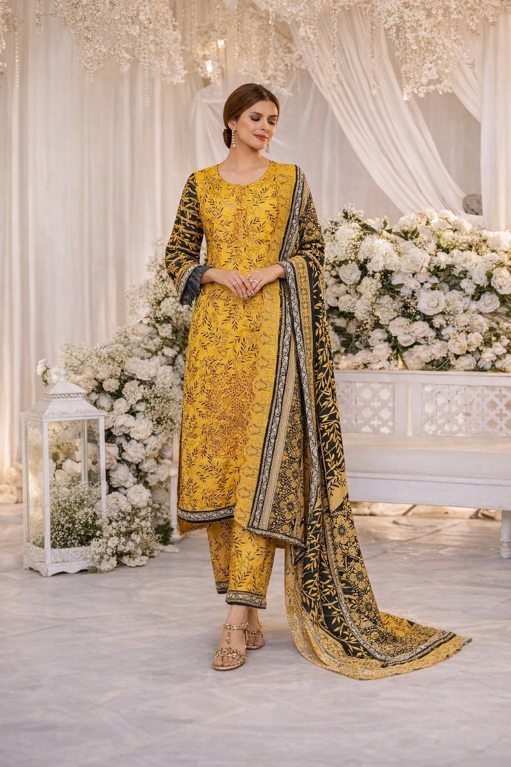 Mustard Yellow with Black & Beige Contrast 3-Piece Printed Lawn Suit