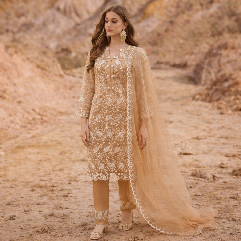 Stitched Elegant Brown Embroidered Net 3-Piece Suit | Festive & Wedding Wear - Image 2