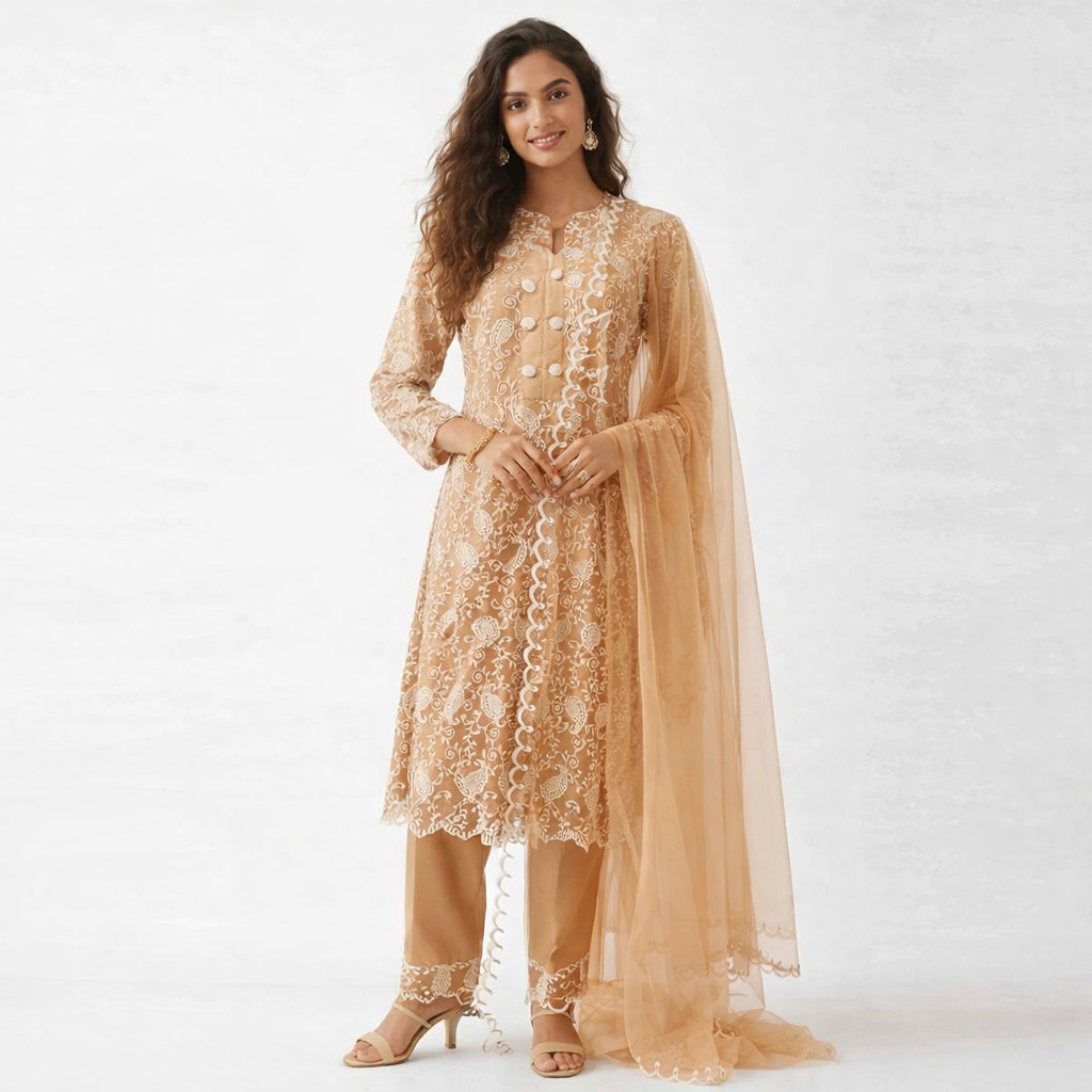 Stitched Elegant Brown Embroidered Net 3-Piece Suit | Festive & Wedding Wear - Image 4