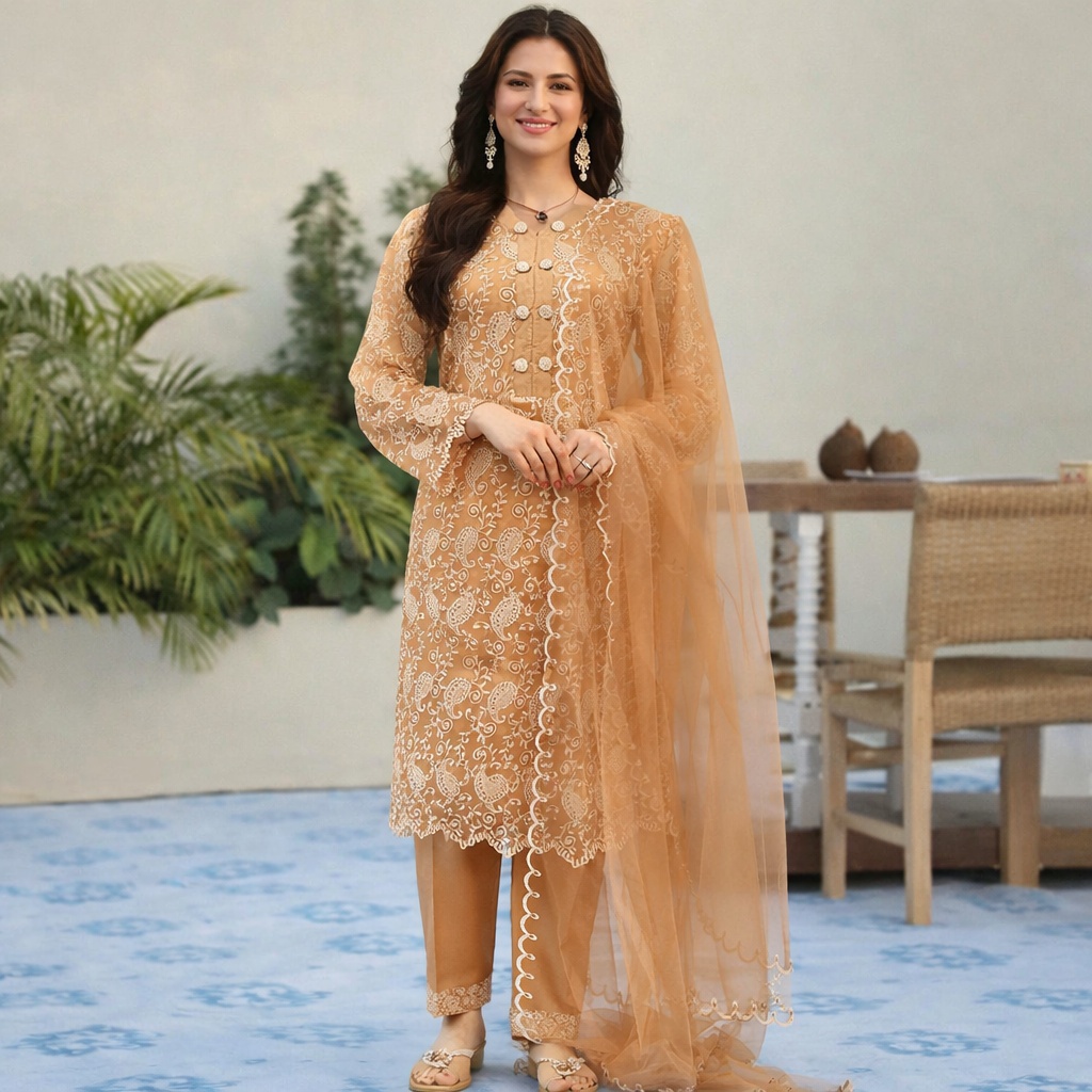 Stitched Elegant Brown Embroidered Net 3-Piece Suit | Festive & Wedding Wear